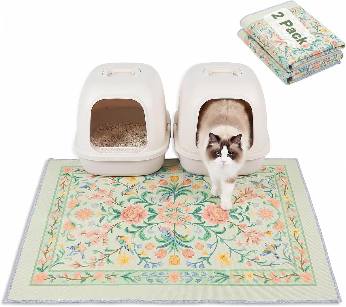 Bienbee Cat Litter Mat, 2PCS 33"x22" Machine Washable Litters Box Mats Non-Slip &Waterproof Cat Litters Trapping Mats Easy to Clean Mat for Litter Box Less Waste Protects Floors Pastel Green L