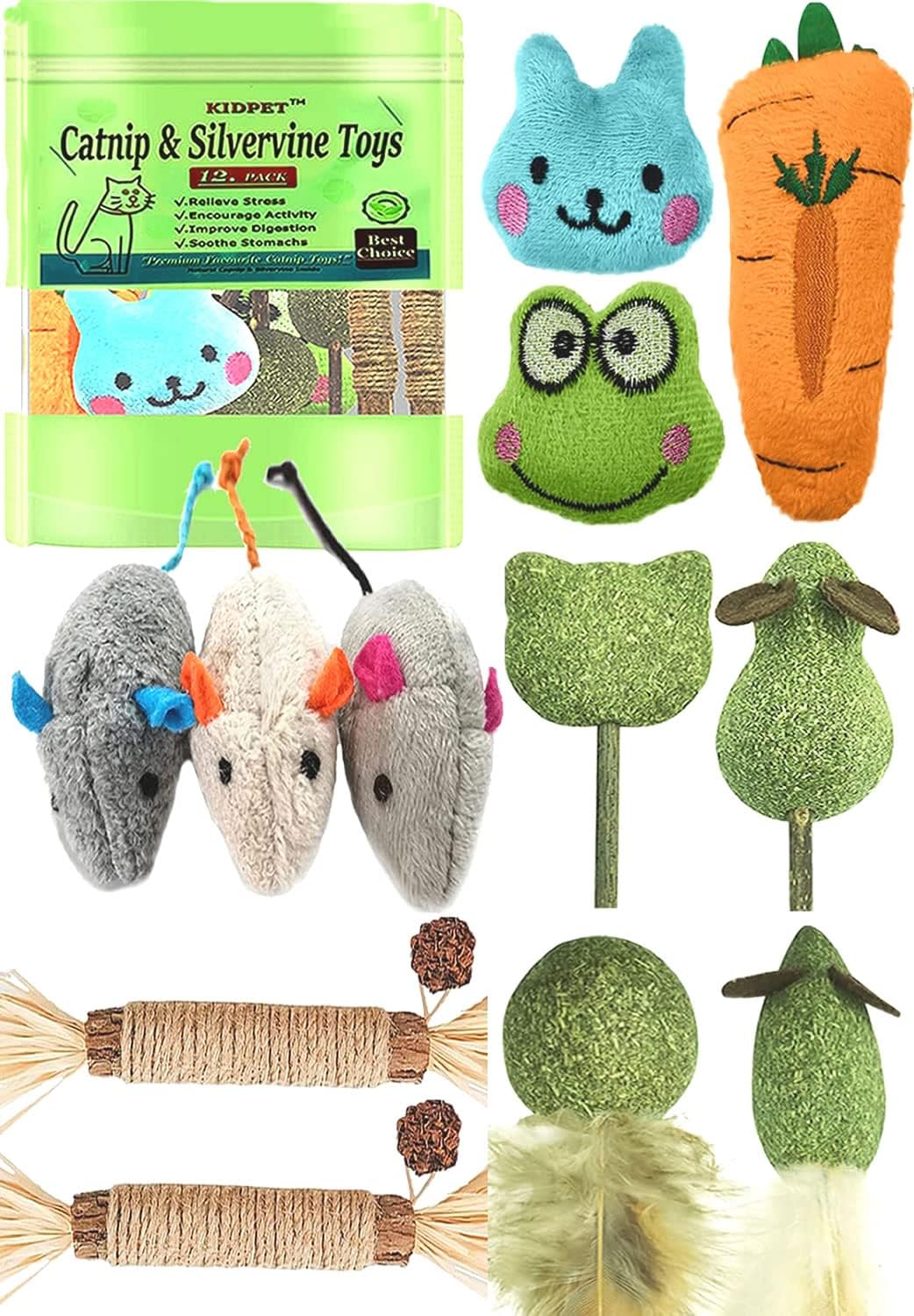 12 Pack Catnip Toys for Cats, Silvervine Sticks, Catnip Balls, Cat Nip Mice, Kicker Toys, Silver Vine Organic Chew Toys, Kitten Teething Toy,Interactive Enrichment (Green)