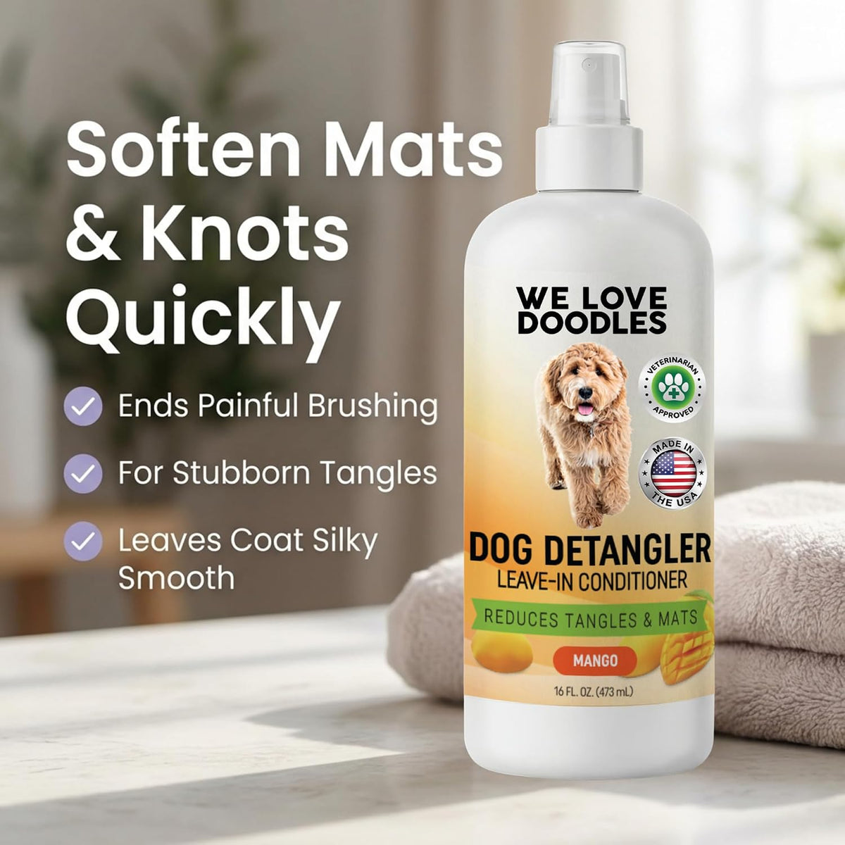 Dog Detangler Spray, Leave-in Conditioner Spray for Dogs, Mango, 16 oz