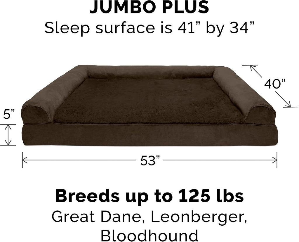 Furhaven Orthopedic Dog Bed for Large Dogs w/ Removable Bolsters & Washable Cover, For Dogs Up to 125 lbs - Plush & Suede Sofa - Espresso, Jumbo Plus/XXL