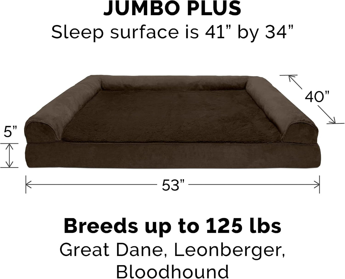 Furhaven Orthopedic Dog Bed for Large Dogs w/ Removable Bolsters & Washable Cover, For Dogs Up to 125 lbs - Plush & Suede Sofa - Espresso, Jumbo Plus/XXL
