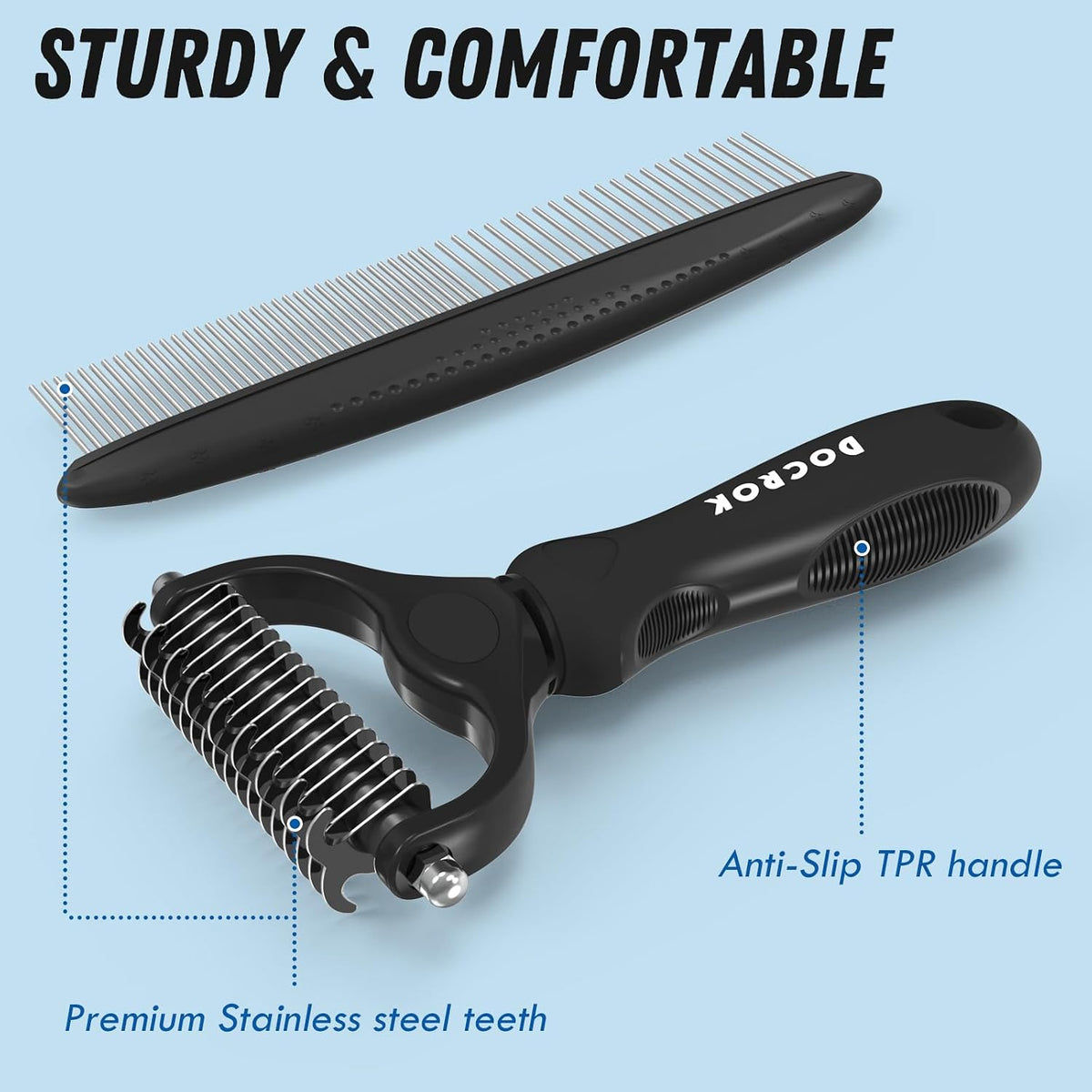 Docrok Pet Grooming Combo: Undercoat Rake, Dematting Deshedding Brush for Long-Haired Dogs and Cats, Black | Dematting Deshedding Undercoat Rake, Cat Brush Dog Brush Shedding Tool for Long Matted Haired Pets