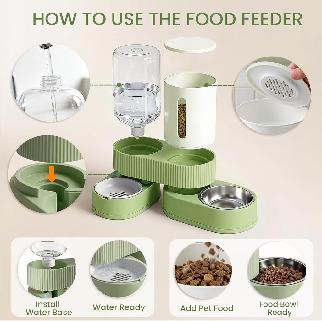 Gravity Cat Feeder 2 Pack Automatic Food Feeder Stainless Steel Water Dispenser Set 360° Rotatable Pet Bowls with Silicone Mat and Brush for Cats Small Medium Dogs, Large Capacity(Green)