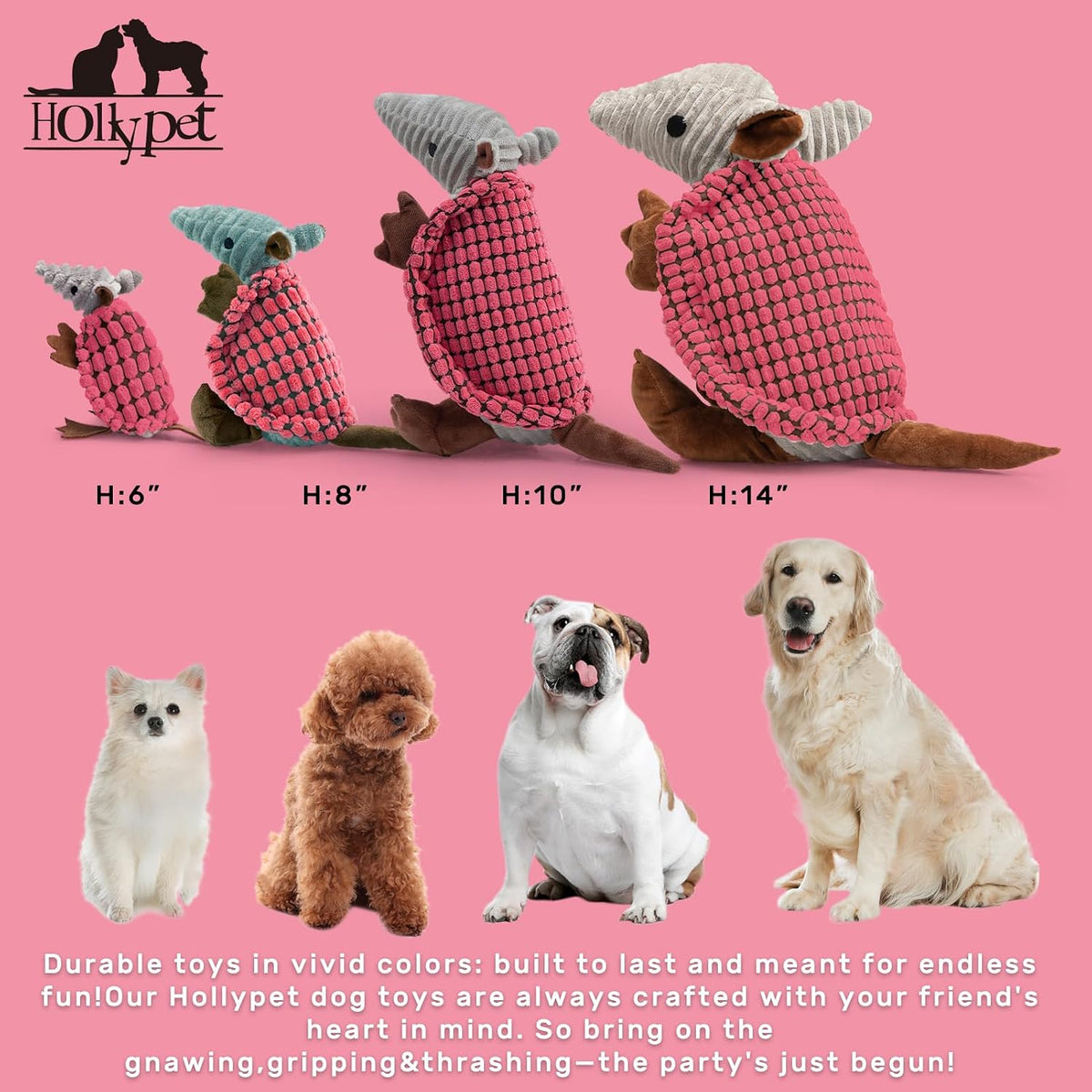 Hollypet Armadillo Squeaky Dog Toys for Medium Large Dogs, 10" | plush stuffed large dog squeak animal toy with unique grunt squeaker textured fabric for teeth cleaning toys