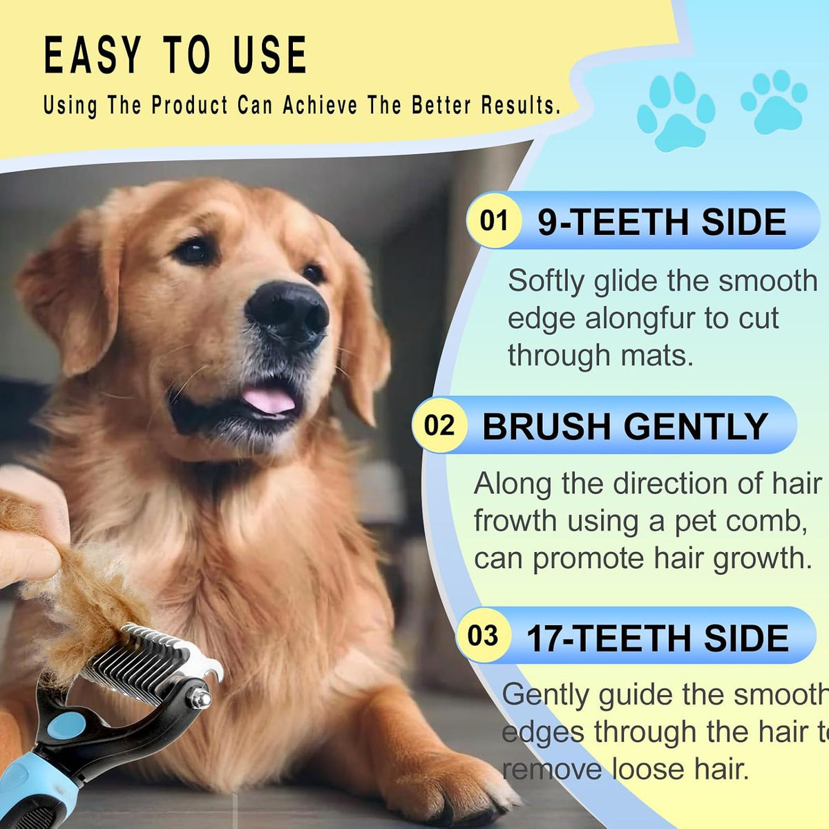 Pet Grooming Rake for Dogs & Cats - Double-Sided Deshedding and Dematting Tool, Gently Remove 95% of Loose Undercoat & Mats for Long-Haired Pets, Painless Fur Brush for Shedding Control (Blue+Comb)