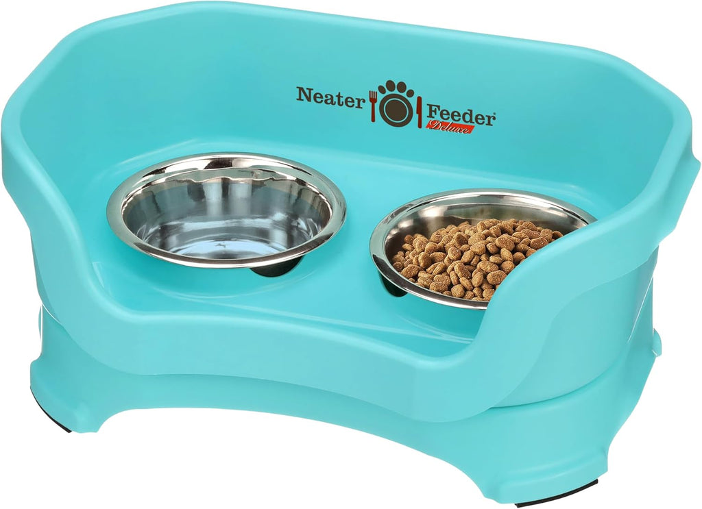 Neater Pet Brands Neater Feeder Deluxe Mess Proof Cat Bowls Elevated, Made in USA, No Spill Raised Bowls for Indoor Cats, Stainless Steel Food and Water Bowl Set, Pet Dish Feeding Station, Aquamarine 