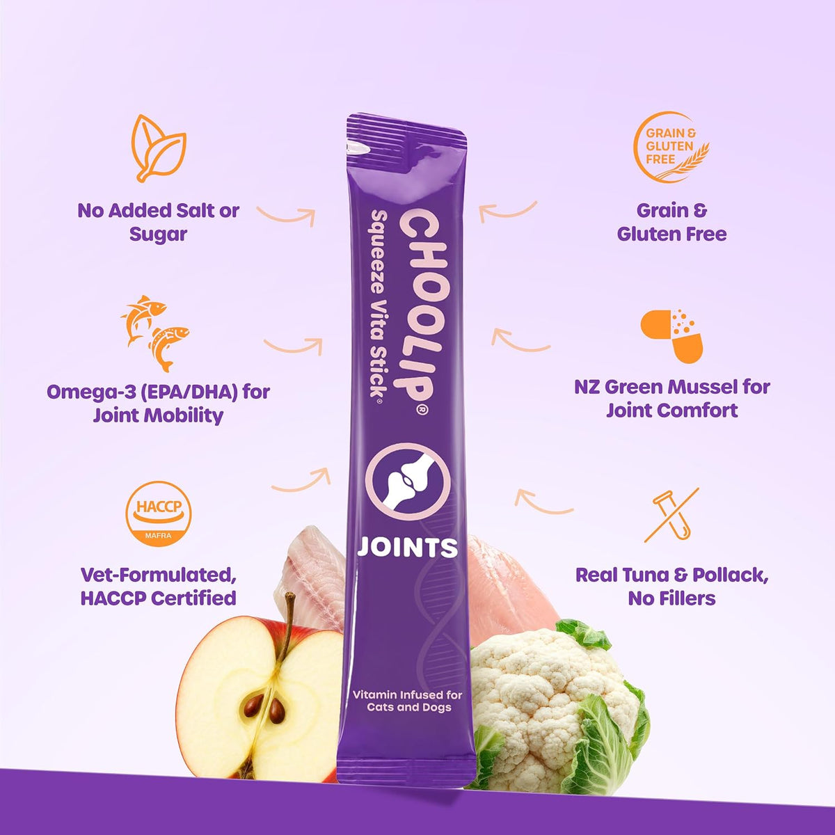 Choolip Squeeze Vita Stick Lickable Cat and Dog Treats, 7-Count Joint Support, Chicken and Salmon with MSM, Green-Lipped Mussel and Vitamin E, Vet-Formulated