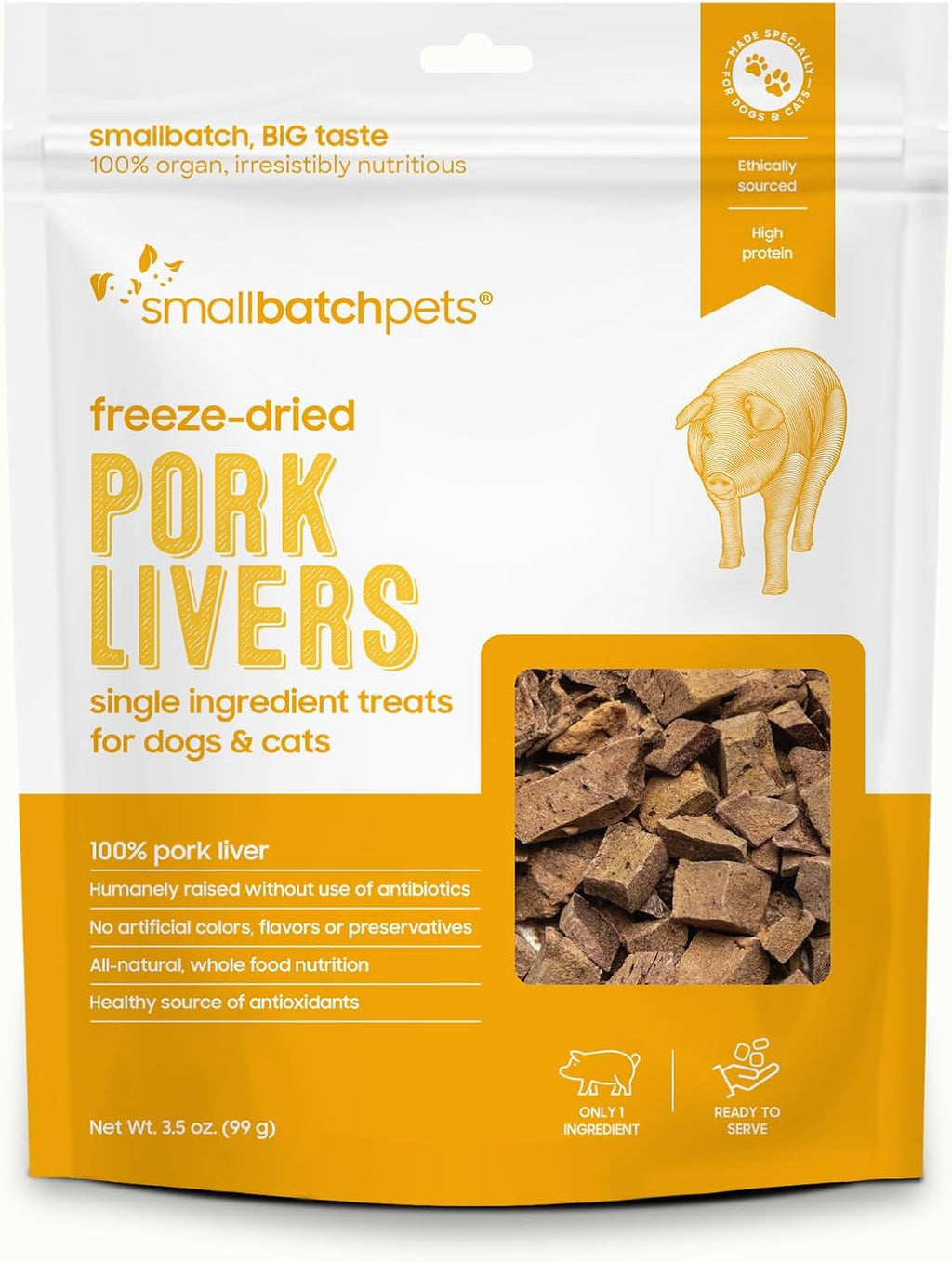 smallbatch Freeze Dried Pork Livers, High Protein Dog & Cat Treats, 3.5oz