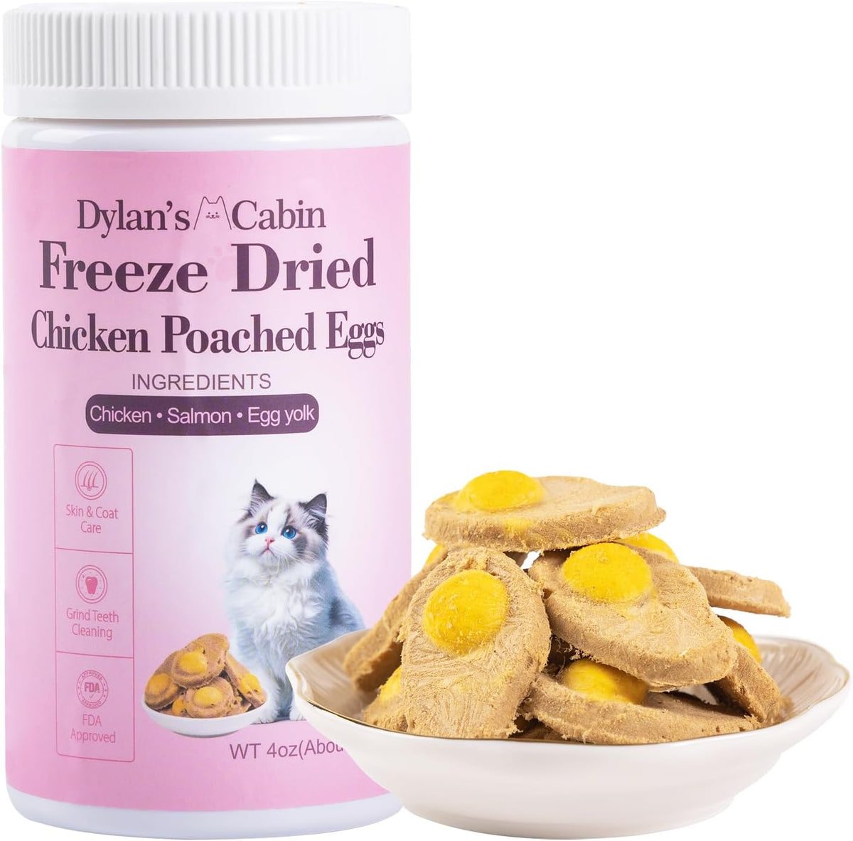 Dylan's cabin Freeze Dried Chicken Cat & Dog Treats - High Protein Poached Eggs Bites with Salmon & Pumpkin Training Kitten Puppy Snack for Coat Gut Healthy, 34pcs
