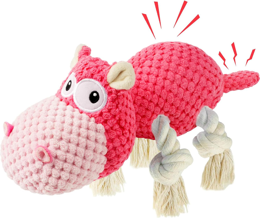 TOOPTATE Hippo Squeaky Dog Toy, Pink, Medium | Cute Plush Design, Rope Legs for Tugging, Helps Keep Dogs Busy, Suitable for Small, Medium, and Large Dogs