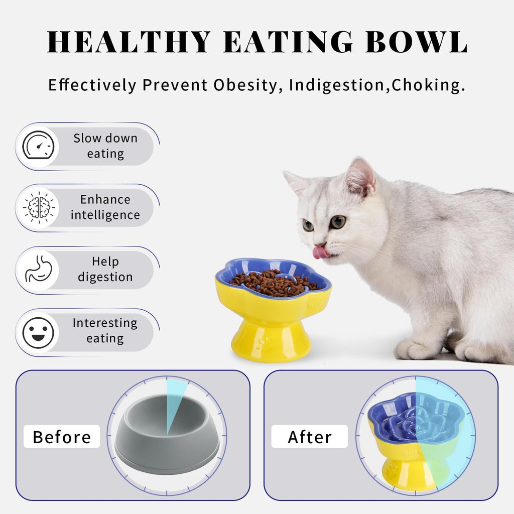 S&Q's CERAMICS Raised Slow Feeder Cat Bowl, Ceramic Elevated and Titled Pet Food Bowl, Small Dogs Slow Feeder, Flower Shaped Dish for Dry and Wet Food (Blue, 5.8")