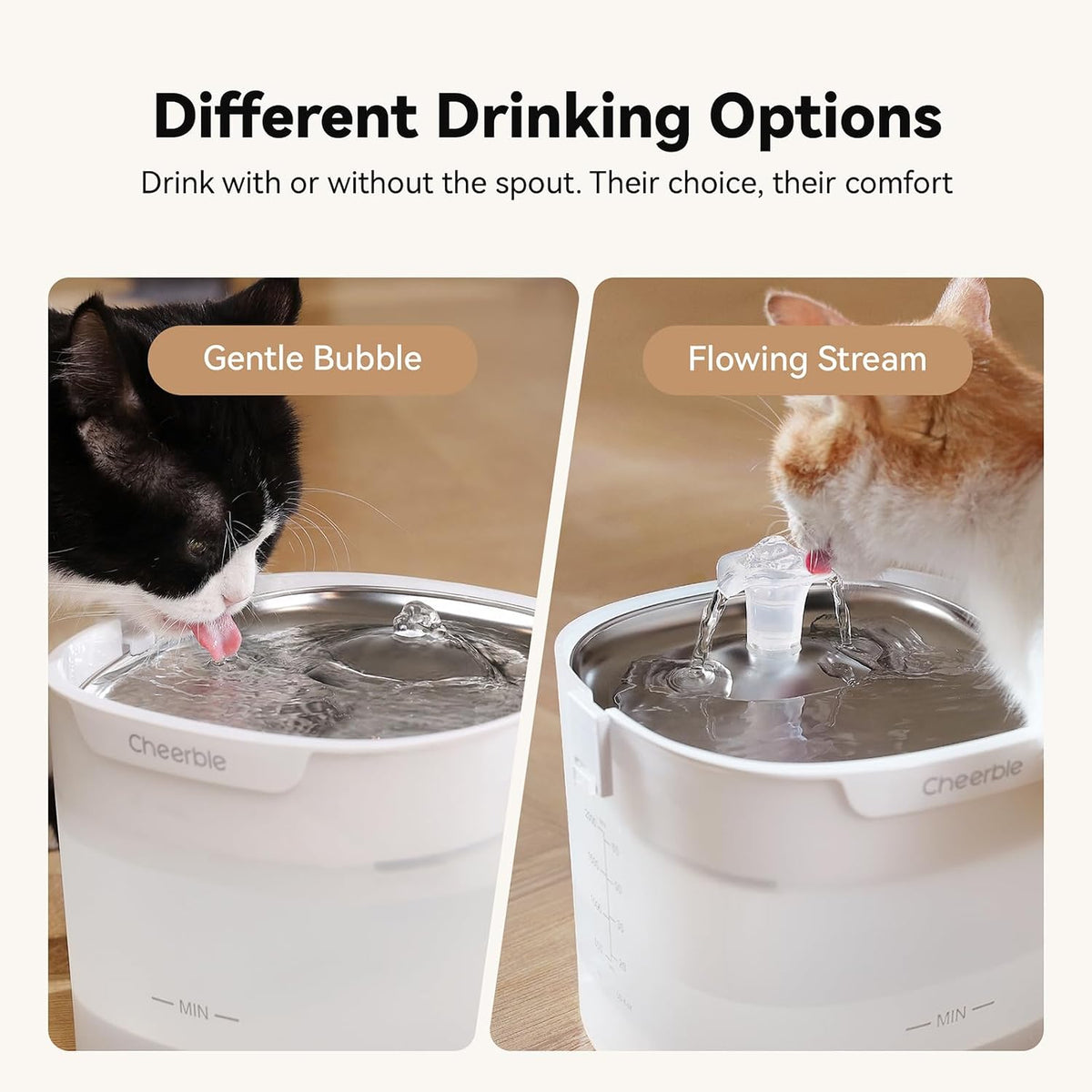 Cheerble Elfin E1S Pumpless Cat Water Fountain, 2L/67oz, 304 Food-Grade Stainless Steel Tray, 3-Layer Filter, BPA-Free Automatic Pet Water Dispenser for Indoor Cats