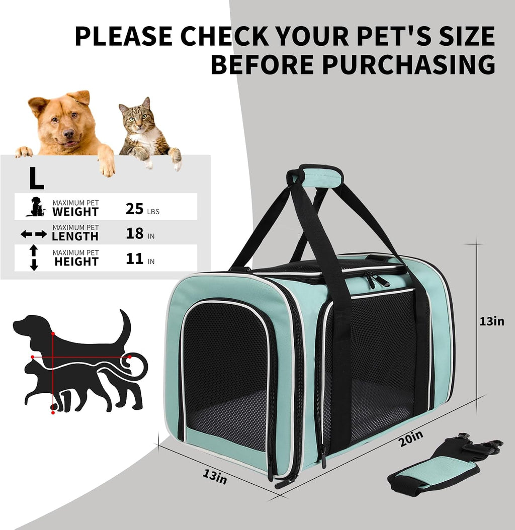 Carriers Soft-Sided Large Pet Carrier for Cats Dogs Small Animals Up to 25Lbs,Top Load Carrier,Ventilated Design,Portable Cat Carrier Airline Approved(X-Large,Green)