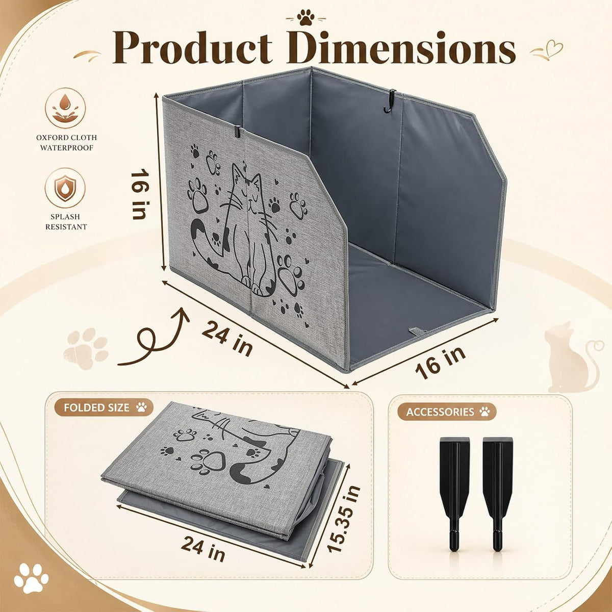 Lawei Waterproof Cat Litter Box Enclosure Splash Guard with Removable Mat and 2 Hooks, Foldable Open-Top Litter Box Enclosure with High Sides, Anti-Leakage Kitty Litter Box Cover Shields, 24x16x16 in