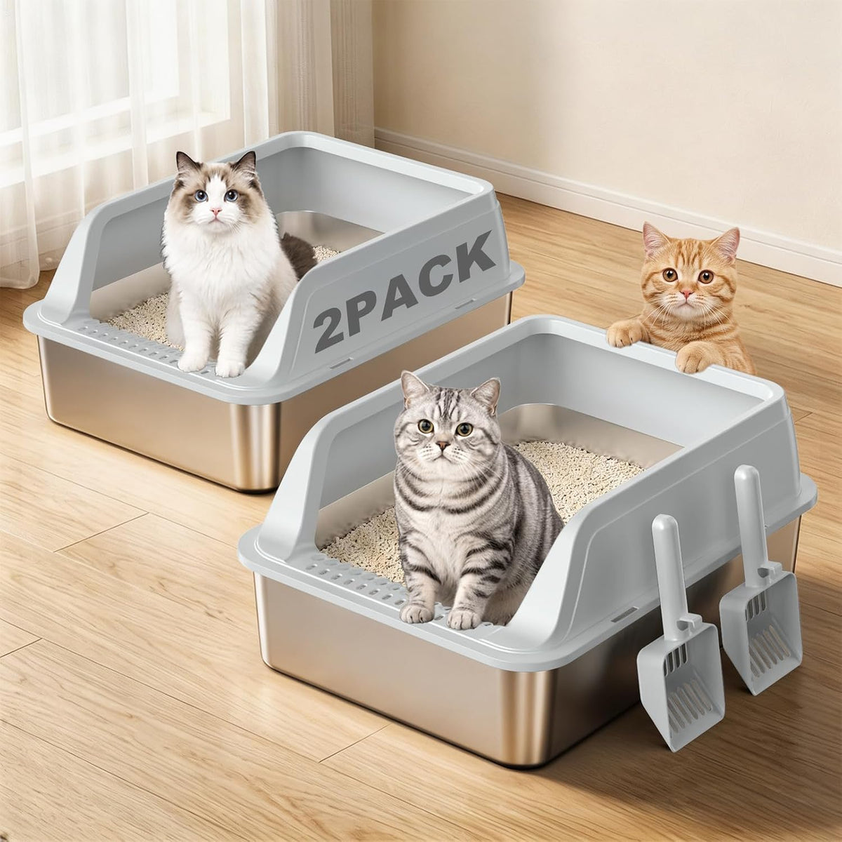 FURTIME Stainless Steel Cat Litter Box with Lid 2Pcs, Enclosed Litter Boxes