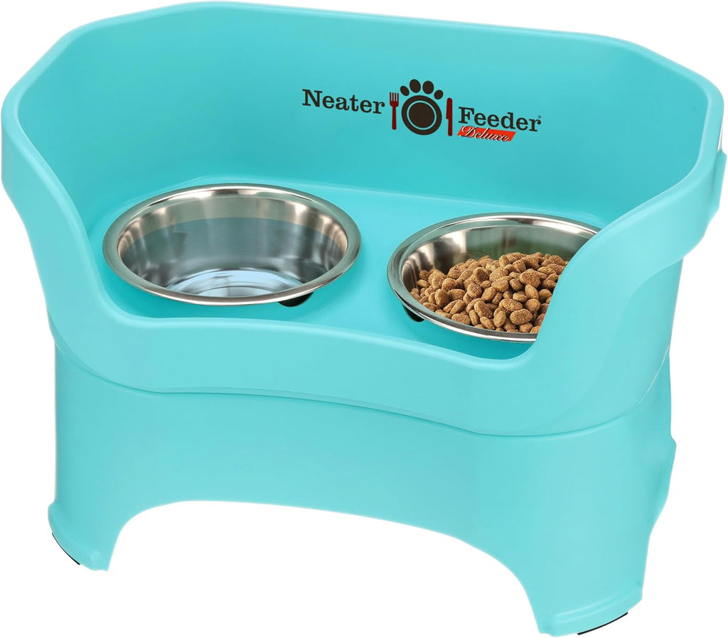 Neater Pet Brands Neater Feeder Deluxe Mess Proof Dog Bowls Elevated for Large Dogs Over 40 lbs, Made in USA, No Spill Raised Dog Food Bowl Stand Feeding Station, Food and Water Bowl Set, Aquamarine 