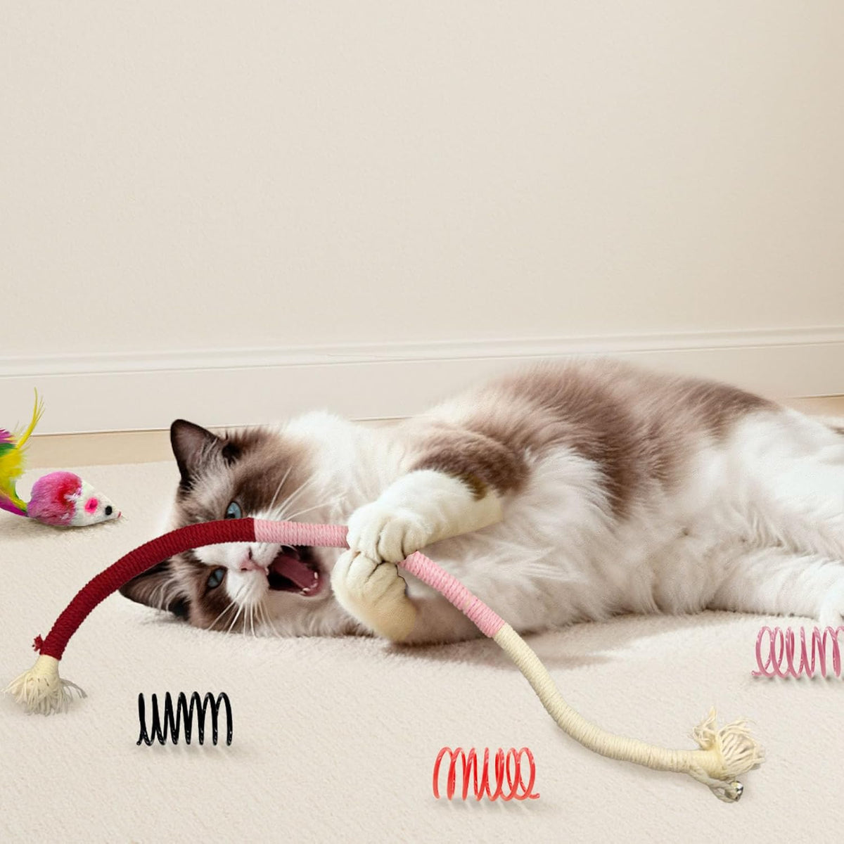 Cat Toys for Indoor Cats, 36 Pack Interactive Cat Toy Set | Kitten Toys Variety Pack with Plush Fish, Chew Ropes, 12Colors Spring, Mouse & Ball, Ideal for Boredom Relief and Self Play