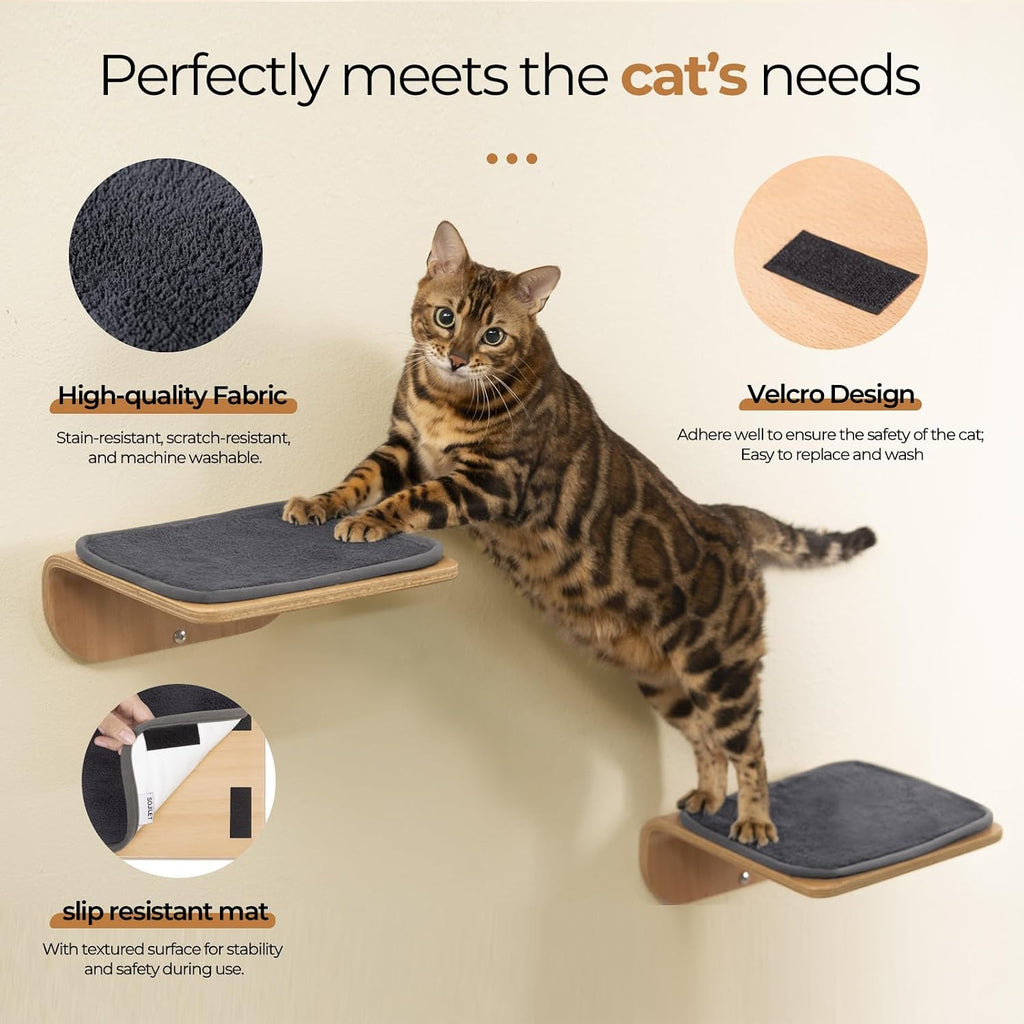 Cat Wall Shelves for Cat Wall Steps, Perch, Ladder, Wooden Floating Modern Mounted Space Saving Furniture with Scratching Cushion Removal Cover for Climbing, Jumping and Sleeping (Step)