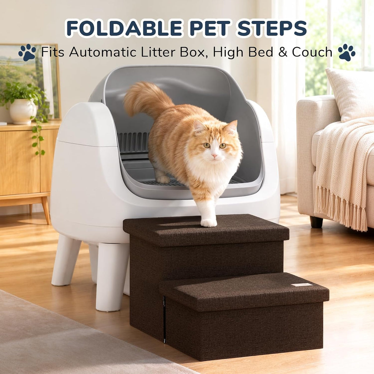 2-Step Wide Dog Stairs with Storage 11" H, Non-Slip Sturdy Pet Steps for Couch Chair, Dog Steps for Small/Medium Old Dogs, Cats, Rabbits Up to 150lbs, Foldable Cat Puppy Stairs for Car, Coffee