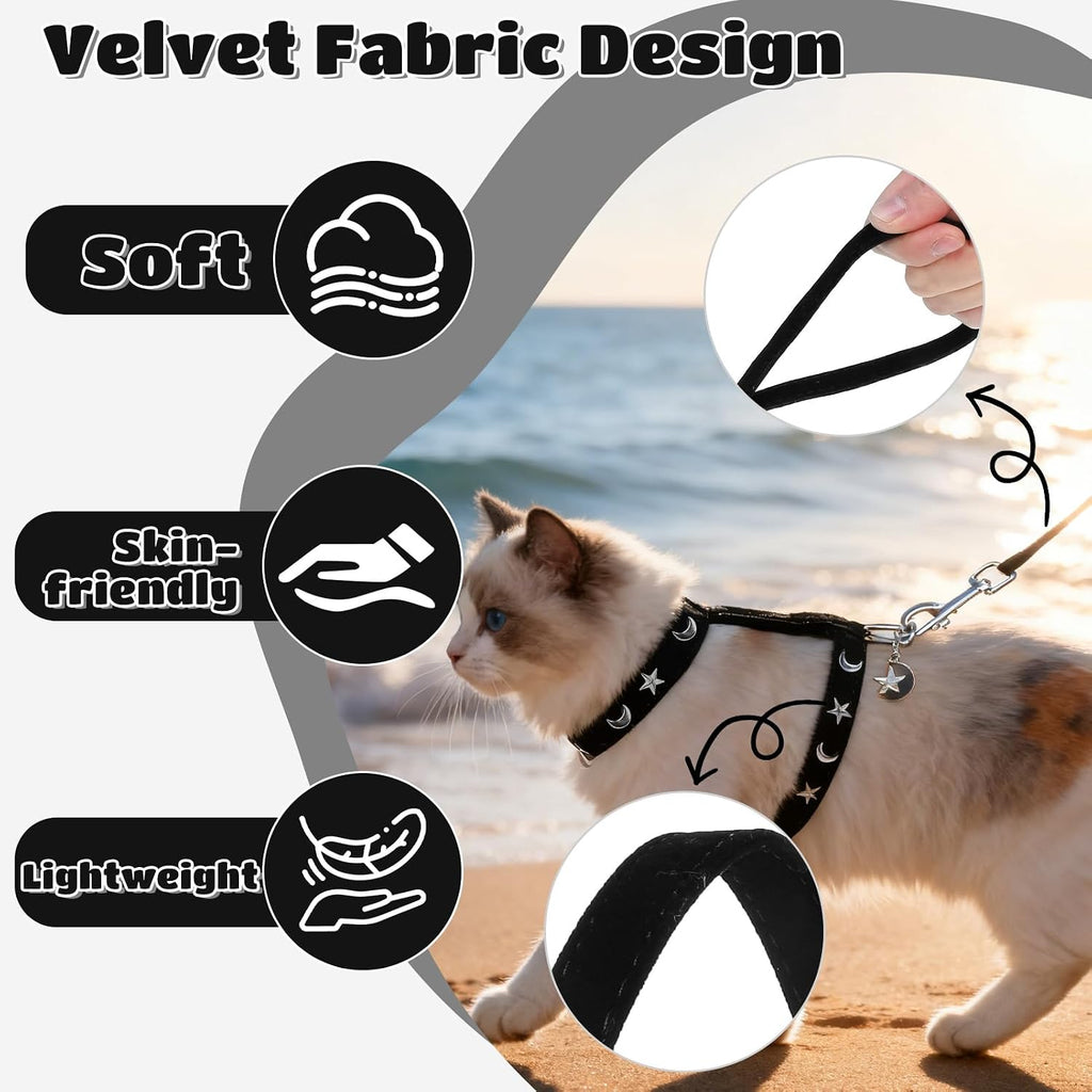 EXPAWLORER Cat Harness and Leash Set - Escape Proof Adjustable Cat Harness, H-shped Comfortable Soft Lightweight Kitten Harness for Outdoor Walking, for Small Medium Cats,Star-Moon M