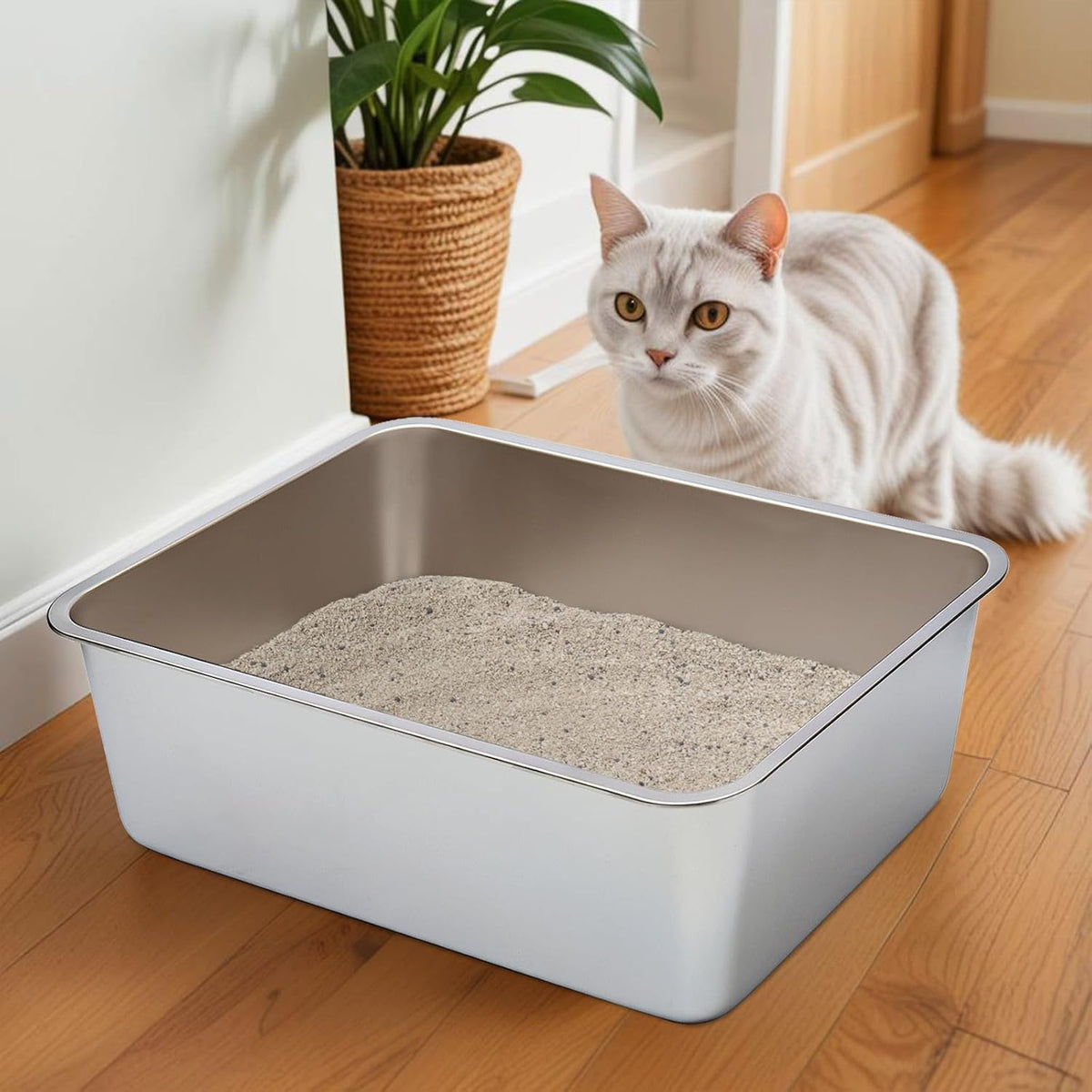 Stainless Steel Litter Box,Metal Cat Litter Box,Medium Cat Litterbox | Litter Box for Kitty or Rabbits, No Smell, Non Stick, Easy to Clean(17.7" L x 13.77" W x 6" H)