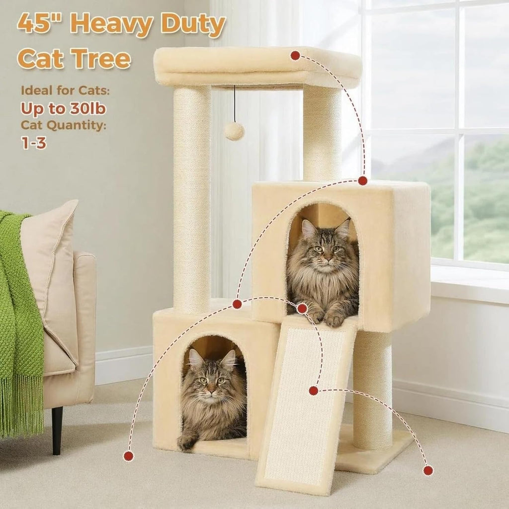 PAWZ Road Large Cat Tree, 45" Heavy Duty Cat Tower with Dual Condos, Beige