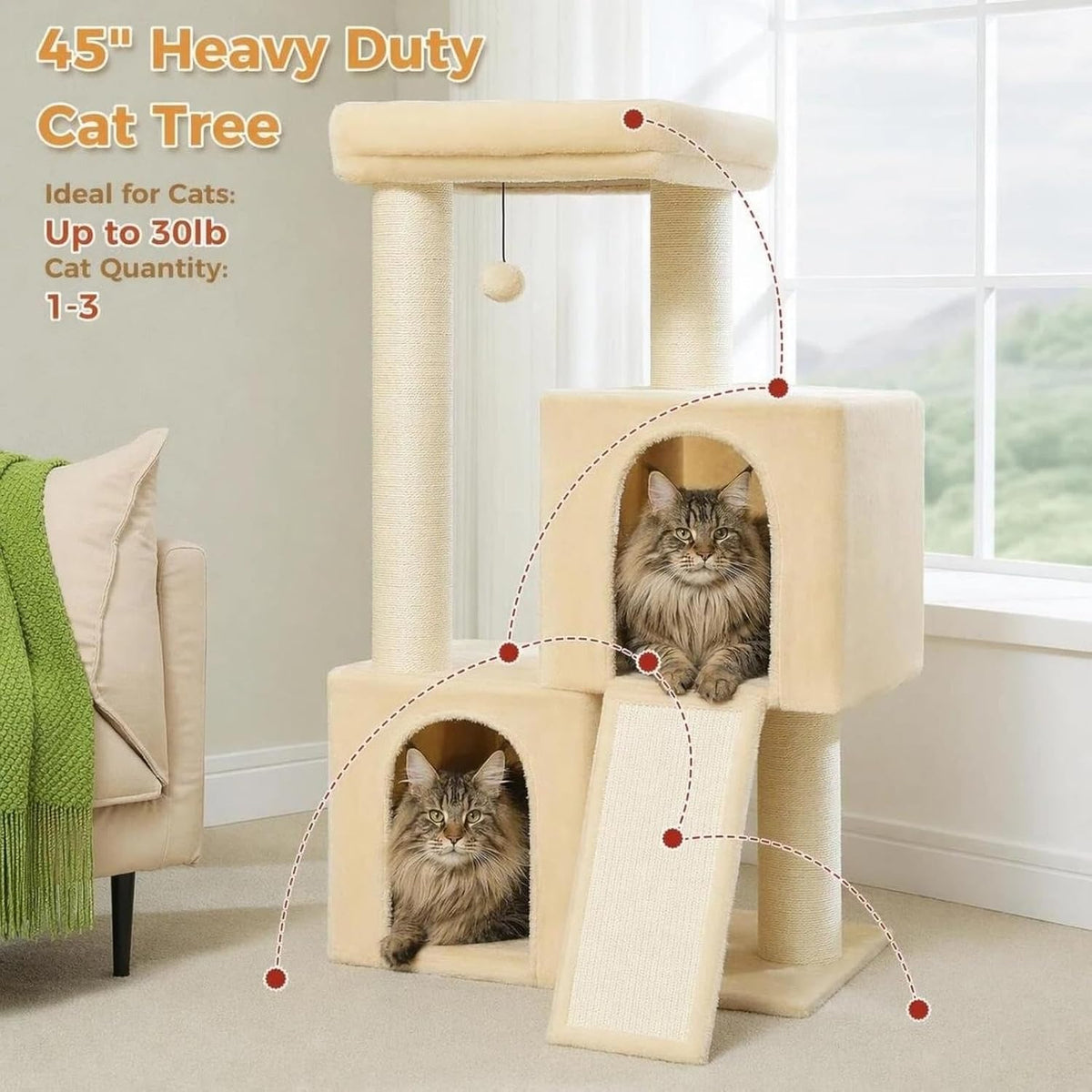 PAWZ Road Large Cat Tree, 45" Heavy Duty Cat Tower with Dual Condos, Beige