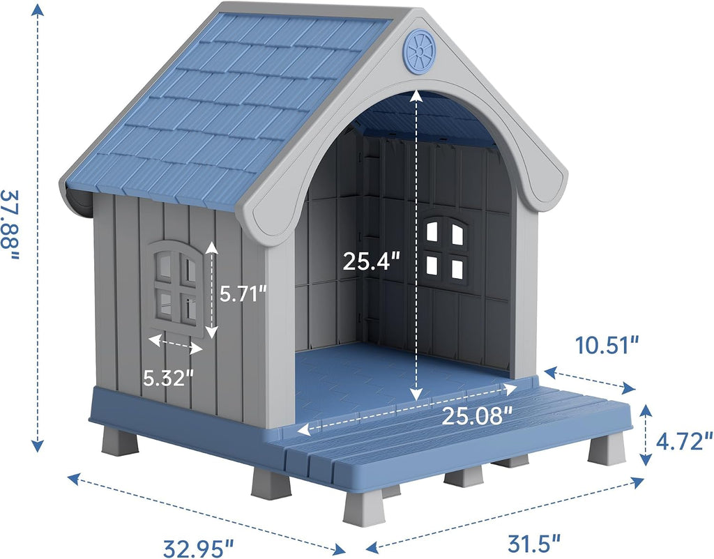 Bifanuo Dog House Outdoor Weatherproof with Porch for Small Medium Dogs, Durable Plastic Pet House with Sloping roof and Elevated Floor, Easy Cleaning and Assemble (Blue, 32.95"D x 31.5"W x 37.88"H)