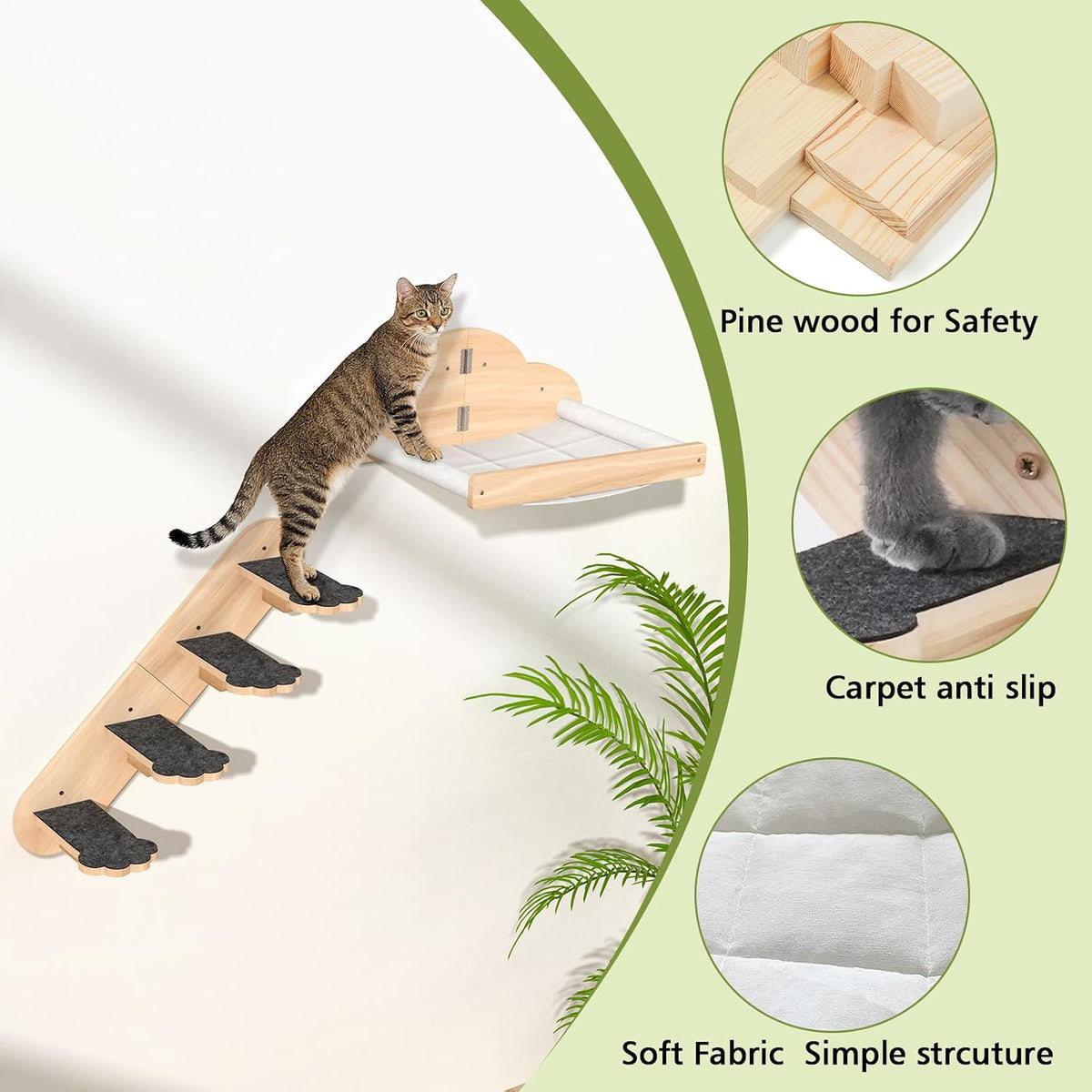 Wall Mounted Cat Hammock with 3 Climbing Steps,Pine Wood Cat Climbing Shelves & Perches up to 30lbs,Kitty Wall Shelf Furniture for Indoor Sleeping, Lounging,Climbing and Playing