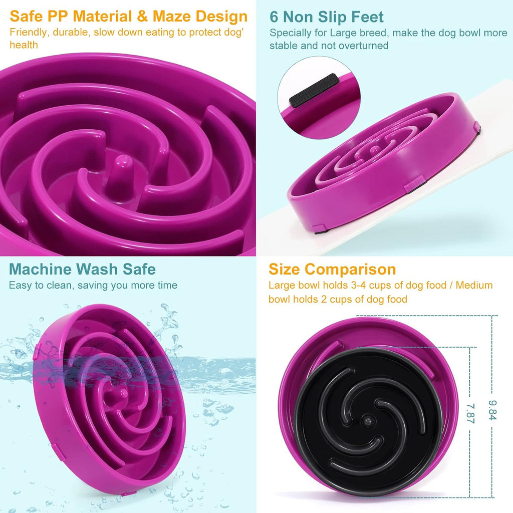 Whippy Slow Feeder Large Dog Bowl - Non Slip Maze Puzzle Bowl for Medium to Large Dogs - Purple