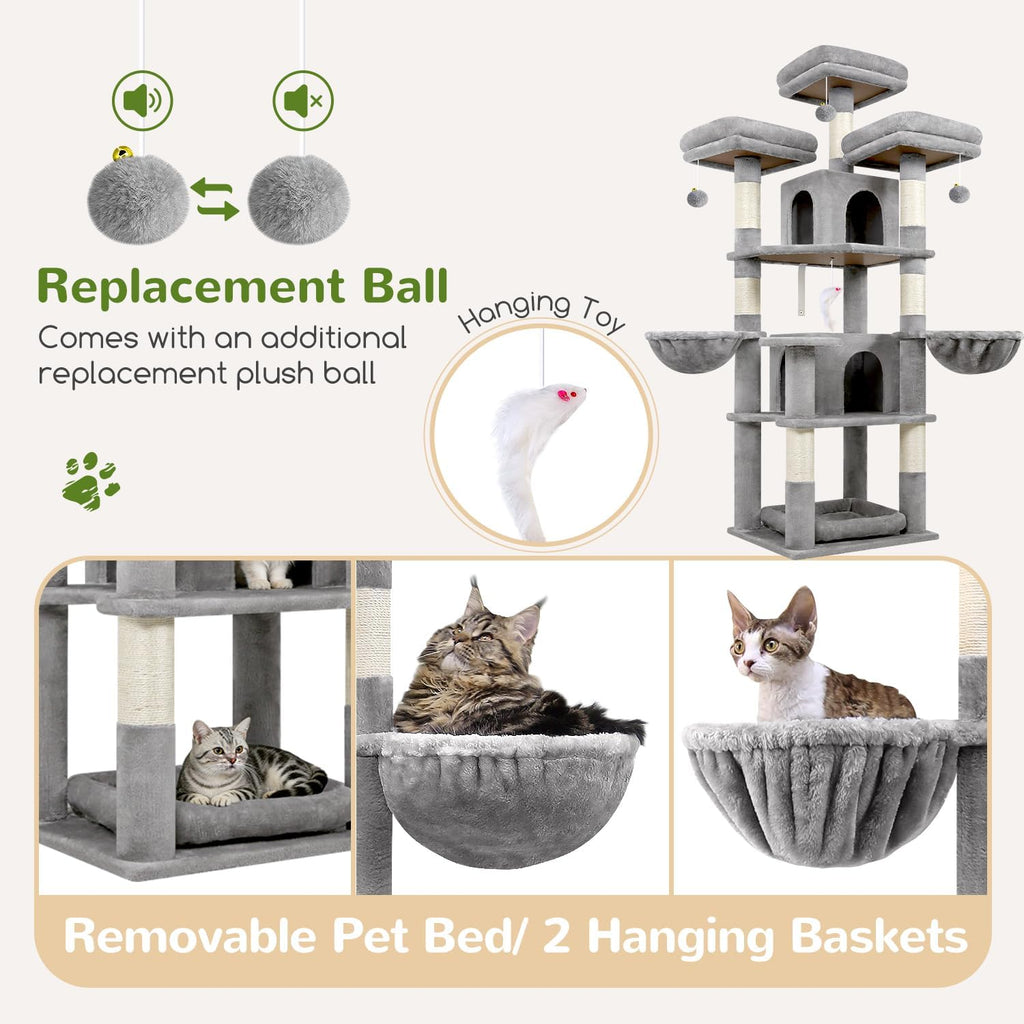 Globlazer Big XL Cat Tower for Indoor Multiple Cats, F68B, Light Grey