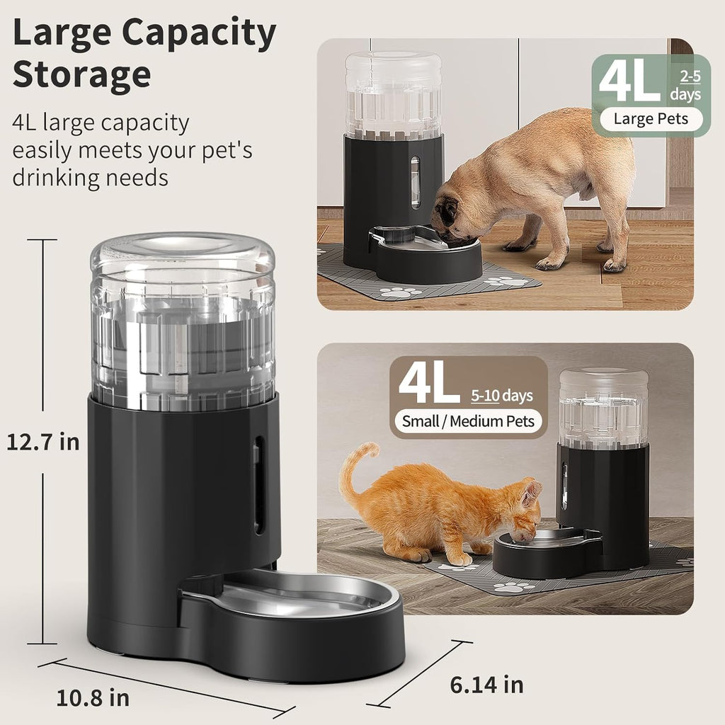 JUNSPOW Cat Water Dispenser with Placemat & Stainless Steel Bowl (4L Black)