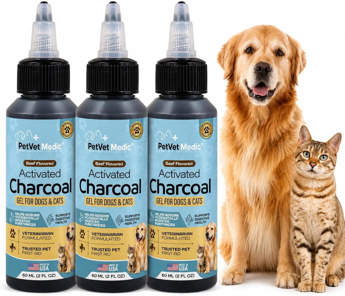 Activated Charcoal for Dogs, Cats & Puppies – Emergency Pet First Aid Gel for Accidental Ingestion, Beef-Flavored Digestive Paste, Veterinarian-Developed, Made in USA, 60 mL (Pack of 3)
