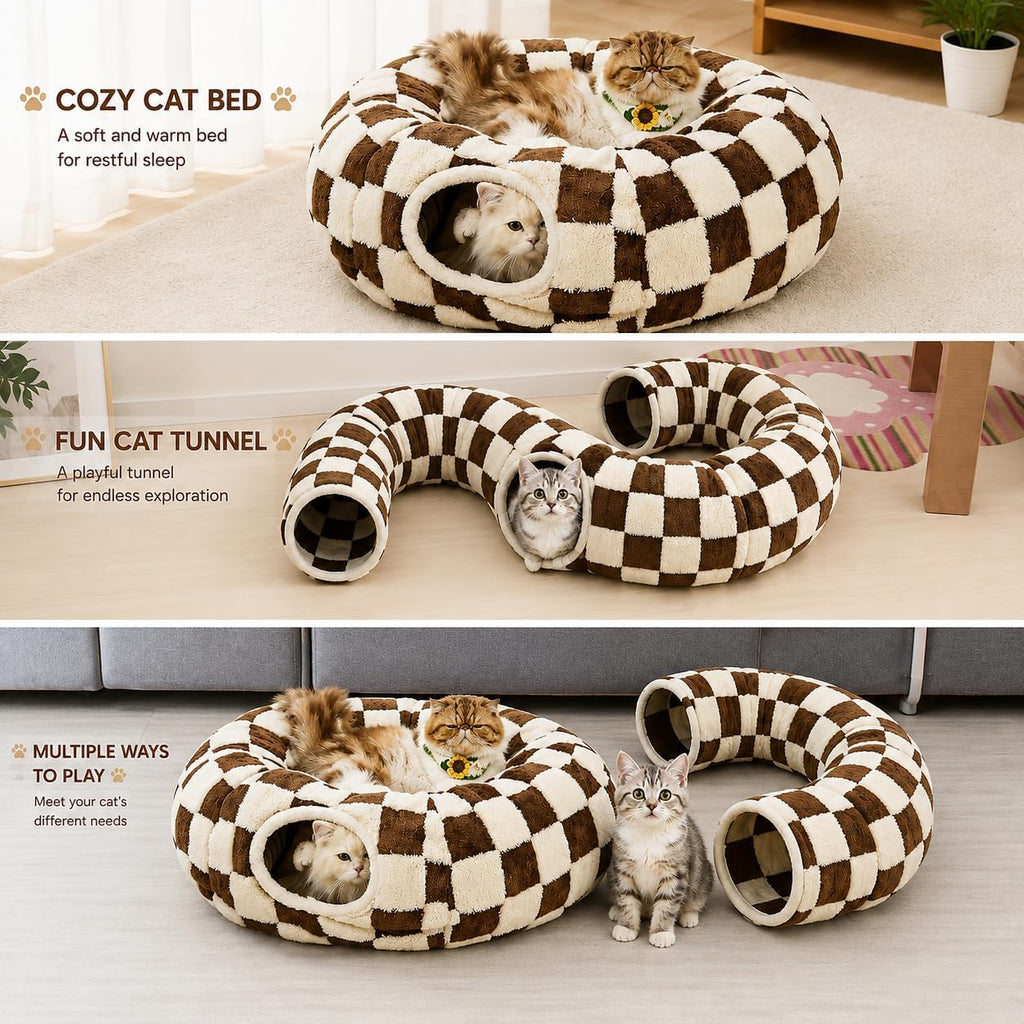 Cat Tunnel Bed with Washable Cushion for Indoor Cat, Donut Cave Tube Toys for Kitten Puppy Rabbit, Brown
