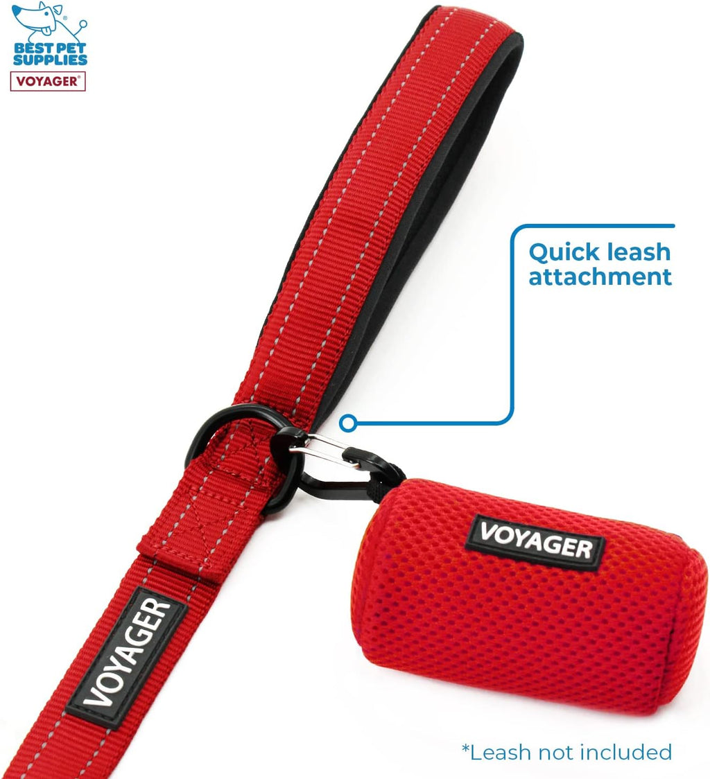 Best Pet Supplies Dog Poop Bag Holder Leash Attachment with Reusable Dispenser for Travel, Walking, Park, and Outdoor Use, Durable with Clip-On - Red, Mesh Dispenser w/15 Bags