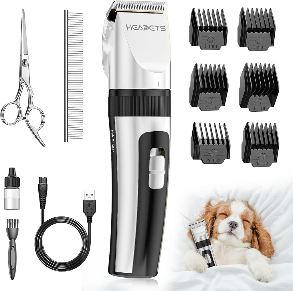 HEAPETS Dog Grooming Clippers, Low Noise, Electric Quiet, Adjustable Clipper Comb, Rechargeable Cordless Dog Hair Clippers for Dogs Cats Pets, White