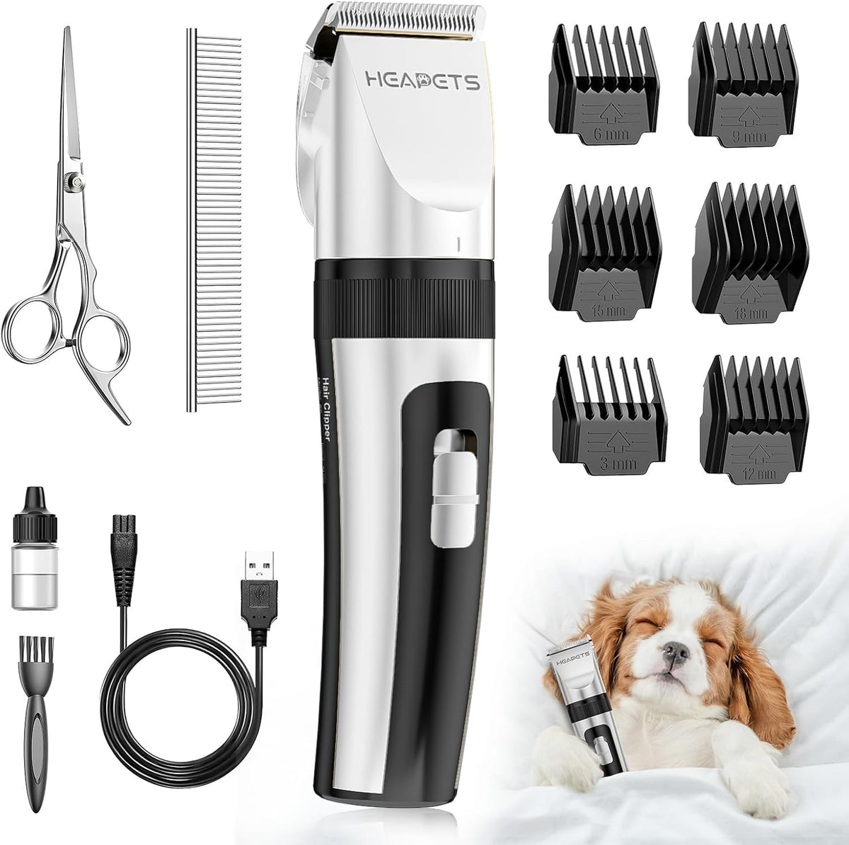 HEAPETS Dog Grooming Clippers, Low Noise, Electric Quiet, Adjustable Clipper Comb, Rechargeable Cordless Dog Hair Clippers for Dogs Cats Pets, White