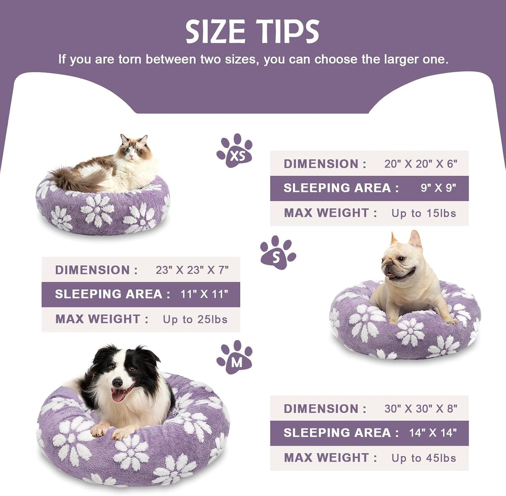 Round Cat Beds for Indoor Cats, Small Donut Dog Beds, Purple, 20"