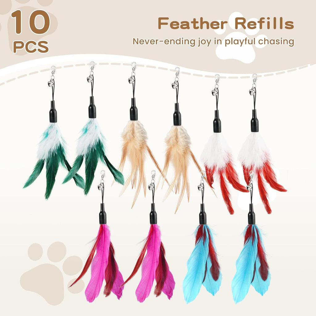Pawaboo Cat Feather Wand Interactive Toy, 10 Feathers + 1 Wand with Bell | Cat Feather Teaser Toys Flying Catcher Extra Long 34.5" Wand Exerciser Playing Cat Toy Wands for Kitten, Multi-Color Blend