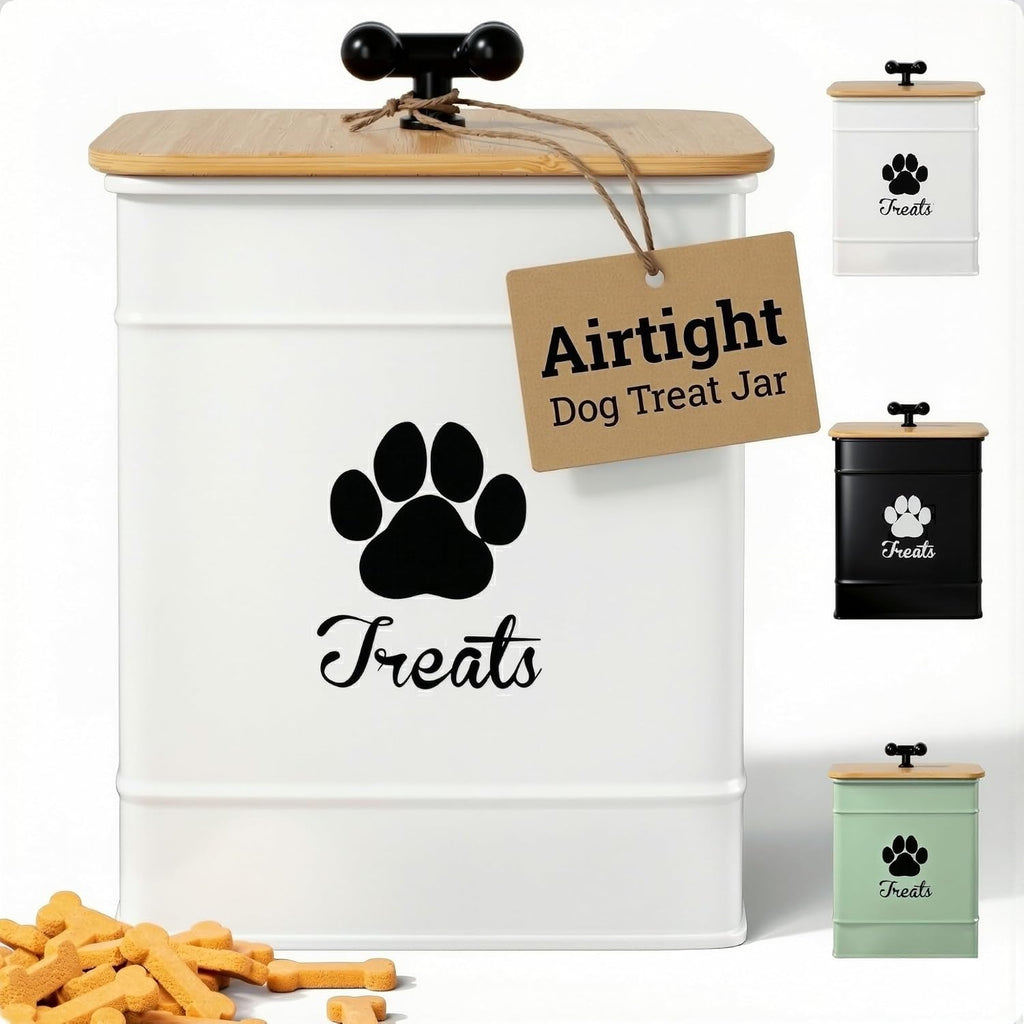 Dog Treat Container Airtight, 6"W x 8"H, Powder Coated, 12 Cup Capacity | Fits All Popular Treats, 12 Cup Capacity, Airtight Bamboo Lid, Easy Open Lid, Dent-Resistant Durable Metal Bone-Shaped Handle
