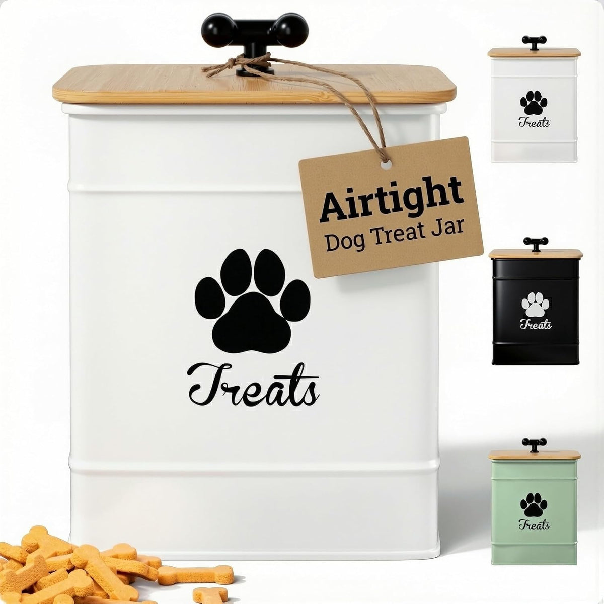 Dog Treat Container Airtight, 6"W x 8"H, Powder Coated, 12 Cup Capacity | Fits All Popular Treats, 12 Cup Capacity, Airtight Bamboo Lid, Easy Open Lid, Dent-Resistant Durable Metal Bone-Shaped Handle