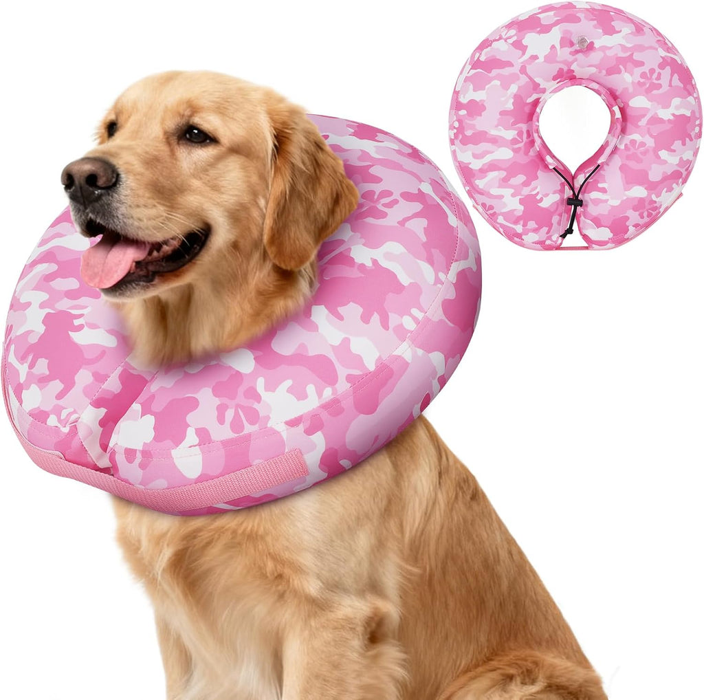 IEUUMLER Inflatable Recovery Dog Cone Collar, Neck Donut Protective ECollar, Adjustable Soft Collar for Dog and Cat After Surgery Prevent from Biting & Licking EU020 Pink Camo M