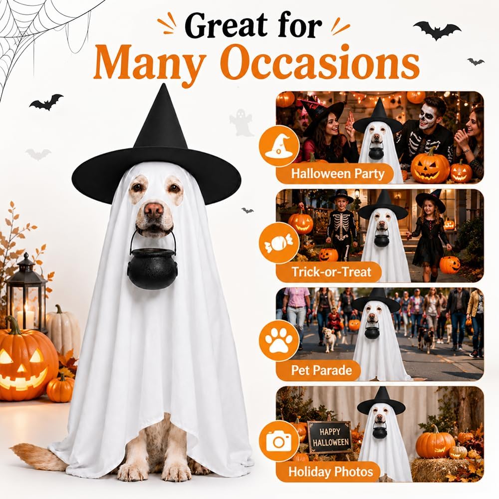 Halloween Dog Ghost Costume Pet Ghost Cape Hat Witch Candy Pot for L XL