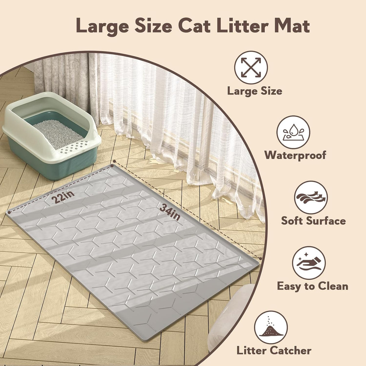 Garoopion Silicone Cat Litter Mat 34×22 inch, Easy to Clean, Gray | Waterproof Silicone Mat with Raised Edges, Catch Litter, Protect Floor from Urine, Multi-Use for Dog/Sink/Kitchen/Boots