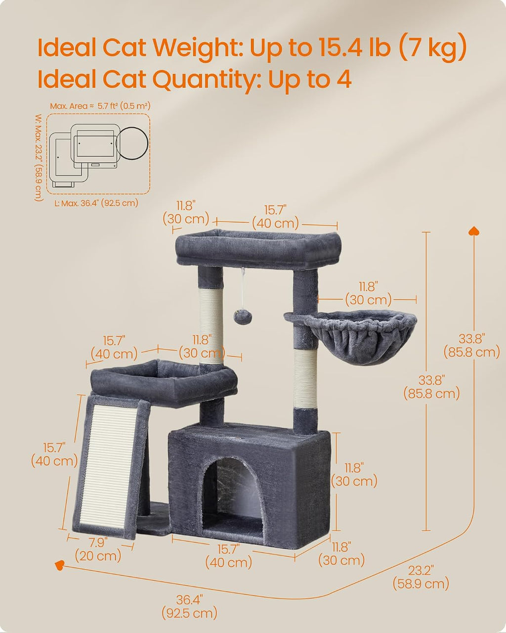 Feandrea Cat Tree, 33.8" Cat Tower, Scratching Posts and Ramp, Dark Gray
