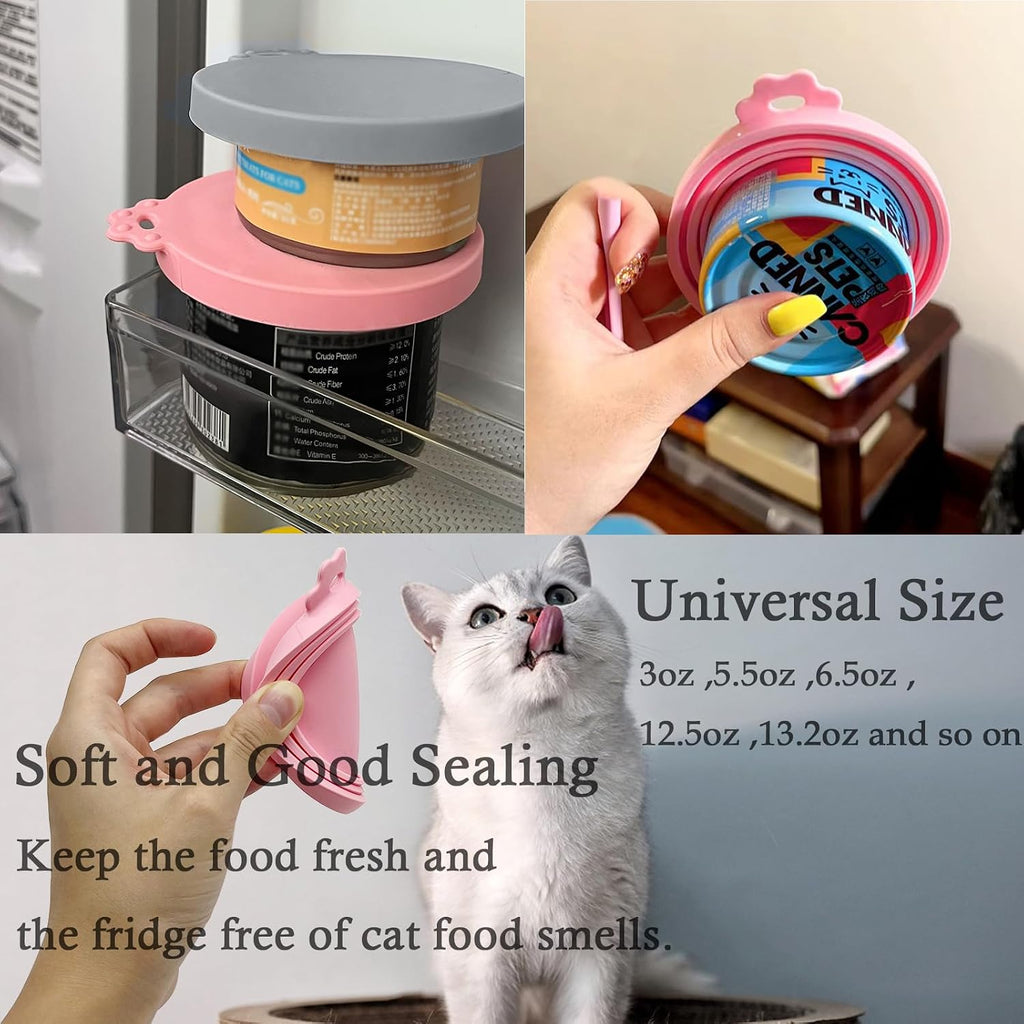 SJANE Cat Food Can Spoons & Can Lids | 4 Pcs | Multi-function Opener | Silicone Pet Food Covers | Cute Paw Shape Wet Food Spoon for Cats and Dogs(Pink+Grey)