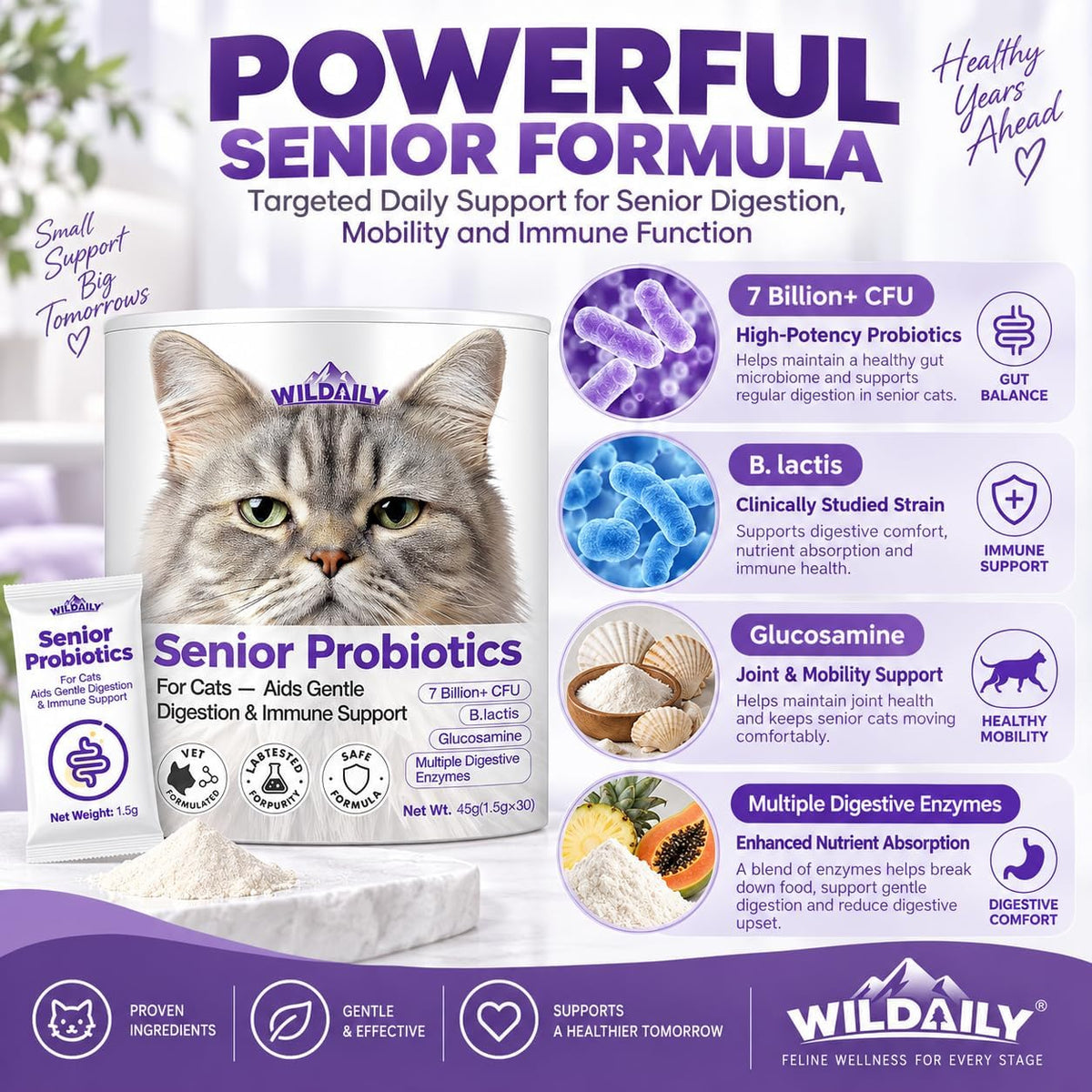 Probiotics for Cats with Prebiotics, 7 Billion CFU Digestive & Gut Health Support for Senior Cats, Daily Probiotic Powder for Older Cats, 30 Stick Packs