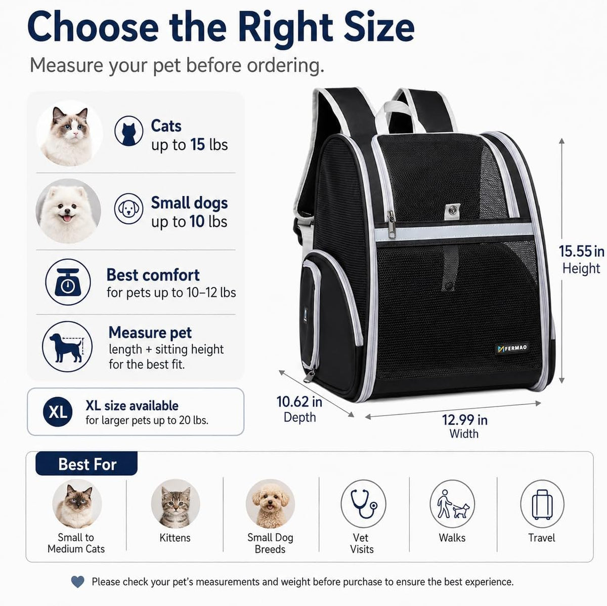 Cat Backpack Carrier for Small Dogs and Medium cat Puppy Kitten Bunny Pet Carrier Backpack Collapsible with Fully Ventilated Mesh with Safety Leash (Black, 12.9" L x 10.62" W x 15.5" H - M)