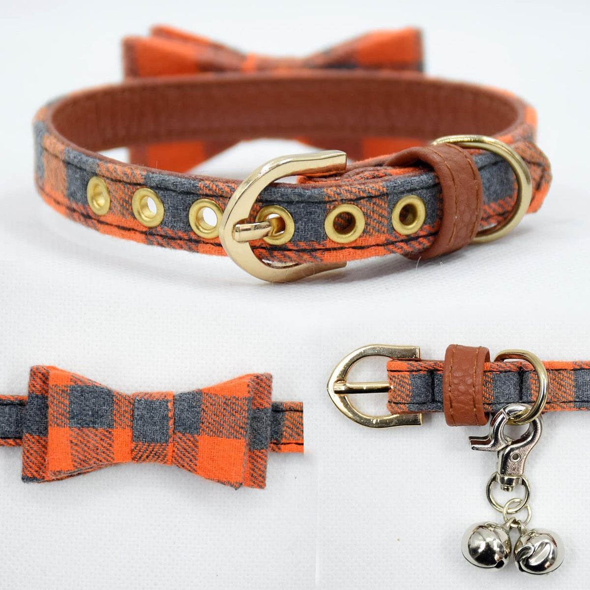 3PCS Bow Tie Dog Collar and Leash Set Plaid/Camo/Dots/Flower Dog Bandanas with Bell 3 Size Adjustable for Small Dogs Puppies and Cats (XS, Orange Plaid)