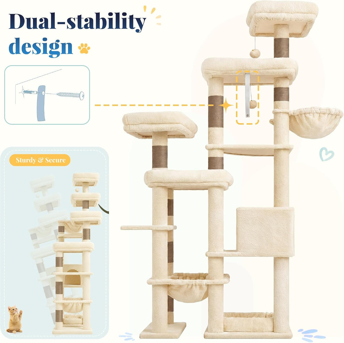 Hey-brother Cat Tree Tower, Wide Base, 5 Platforms for Multi-Cats, MPJ074MJ